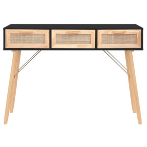 Mobiletto Consolle Nero 105x30x75cm in Massello di Pino e Rattan Naturale