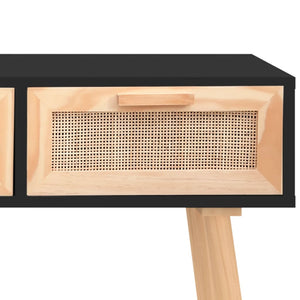 Mobiletto Consolle Nero 105x30x75cm in Massello di Pino e Rattan Naturale