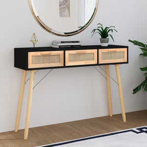 Mobiletto Consolle Nero 105x30x75cm in Massello di Pino e Rattan Naturale