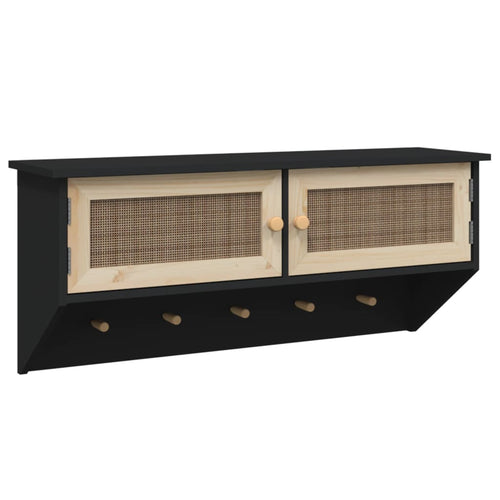 Appendiabiti a Muro 2 Antine Nero in Legno Multistrato e Rattan Naturale