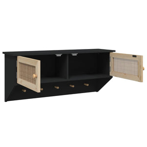 Appendiabiti a Muro 2 Antine Nero in Legno Multistrato e Rattan Naturale
