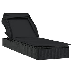 Lettino con Tetto Pieghevole Nero 213x63x97 cm Polyrattan Nero