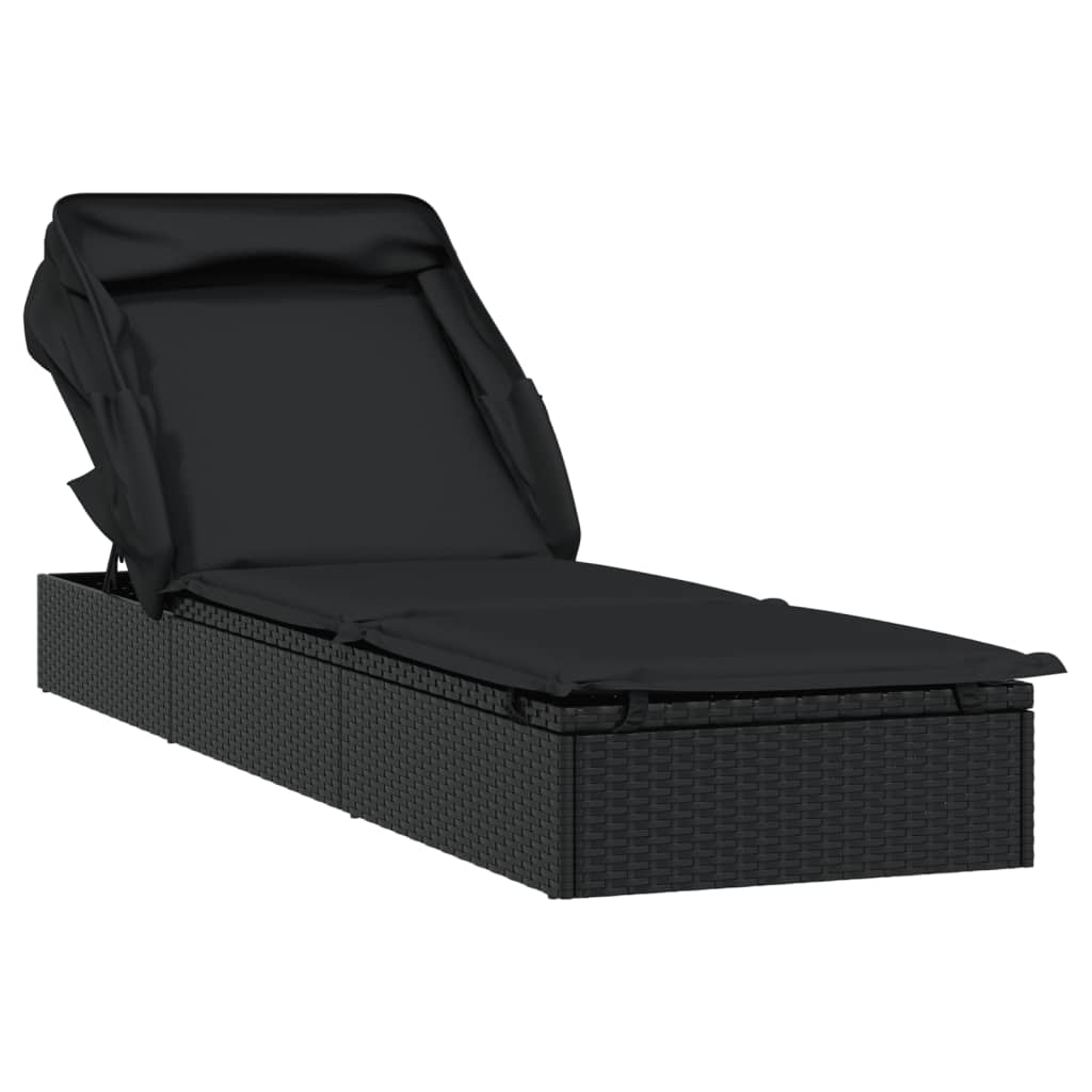 Lettino con Tetto Pieghevole Nero 213x63x97 cm Polyrattan Nero