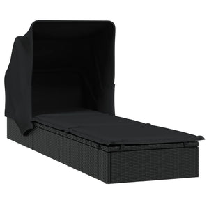 Lettino con Tetto Pieghevole Nero 213x63x97 cm Polyrattan Nero
