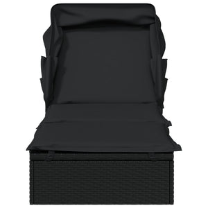 Lettino con Tetto Pieghevole Nero 213x63x97 cm Polyrattan Nero