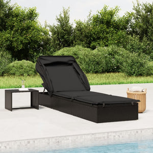 Lettino con Tetto Pieghevole Nero 213x63x97 cm Polyrattan Nero