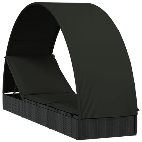 Lettino con Tetto Rotondo Nero 211x57x140 cm Polyrattan Nero