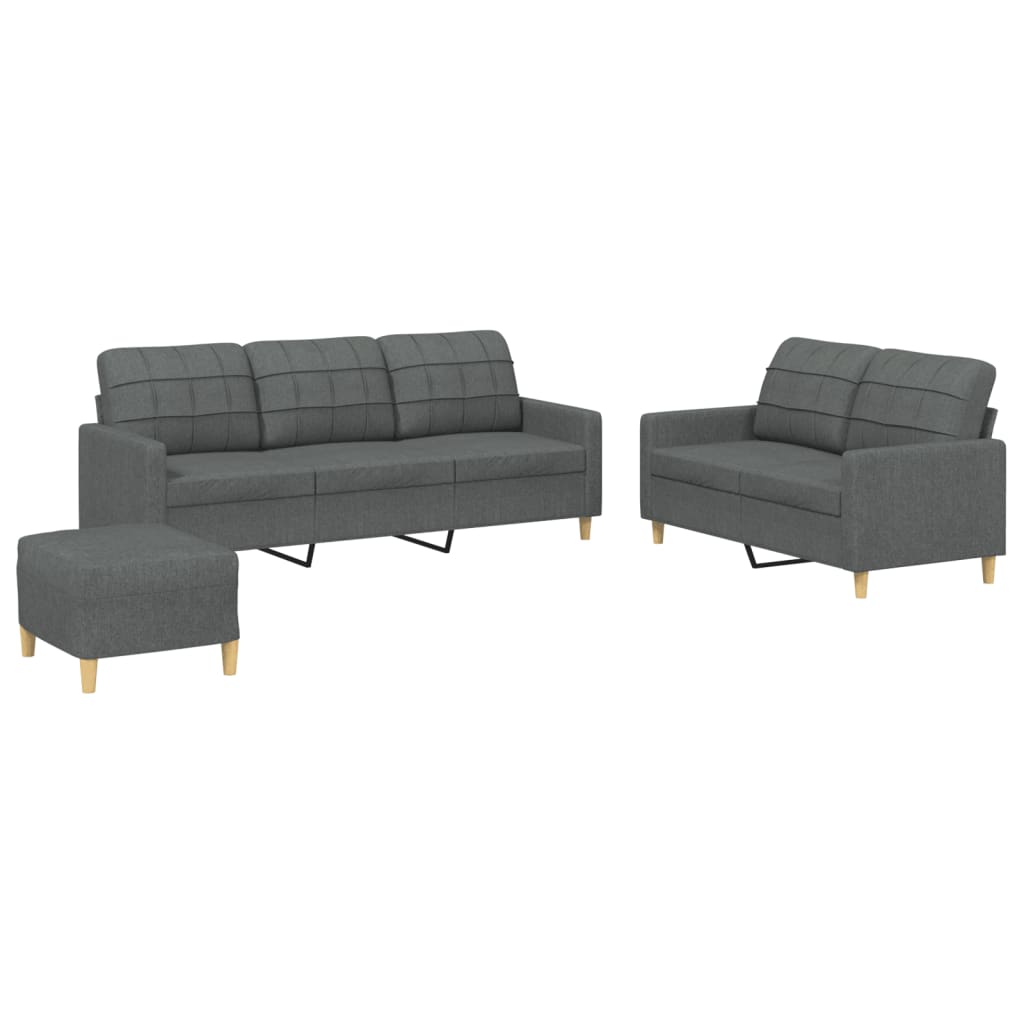 Set 2 Divani + Pouf Poggiapiedi con Cuscini Grigio Scuro in Tessuto