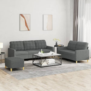 Set 2 Divani + Pouf Poggiapiedi con Cuscini Grigio Scuro in Tessuto